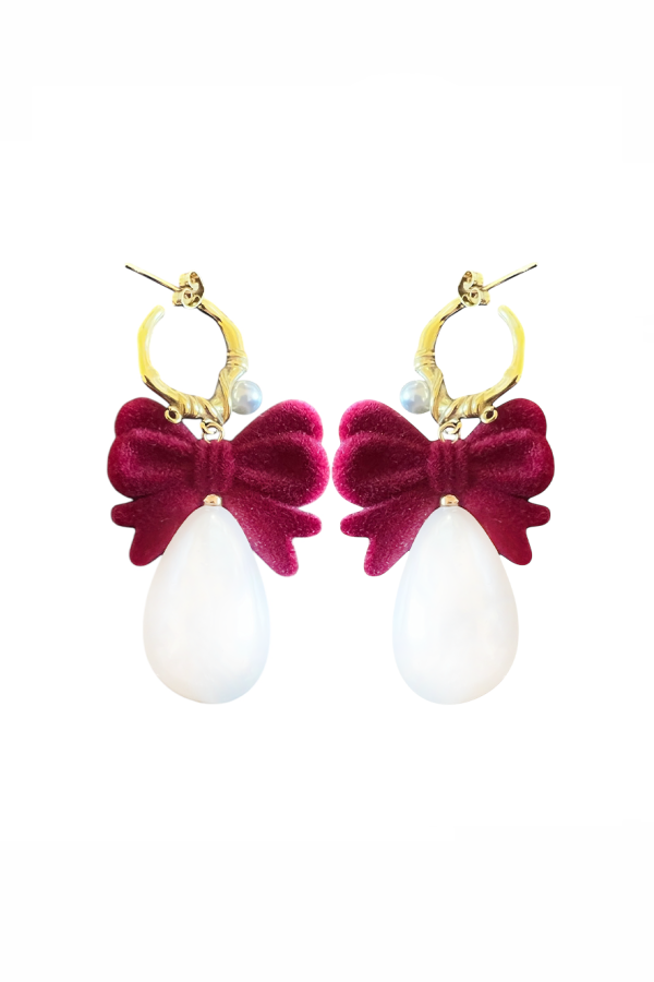 Ifigenia Loukou Pearl Drop Earrings And Velvet Bow Red