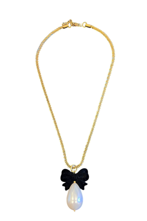 Ifigenia Loukou Pearl Drop Necklace Velvet Bow Black