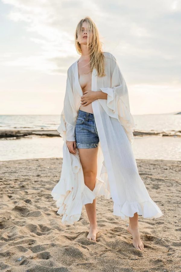 Christian Zen Celeste Maxi Kimono Ruffled Finishing Off White