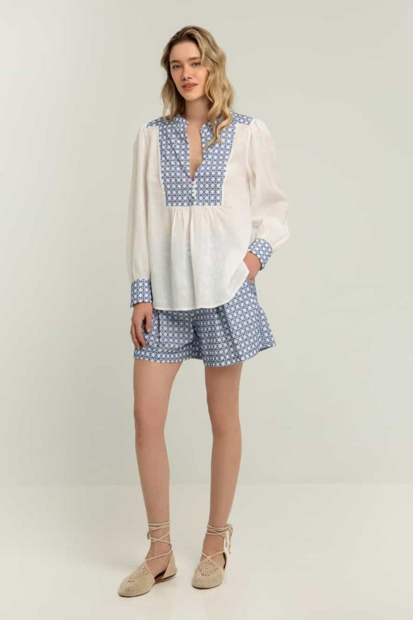 Greek Archaic Kori Blouse Cross L/S Buttons White/Royal Blue