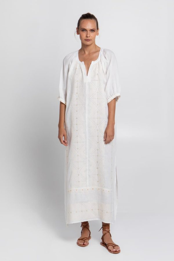 Greek Archaic Kori Dress Long Pixel With Belt White/Ecru Gold