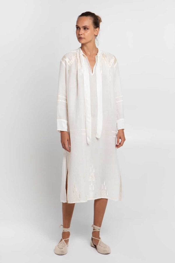 Greek Archaic Kori Roots Midi Shirt Dress with Bow Natural and Champagne