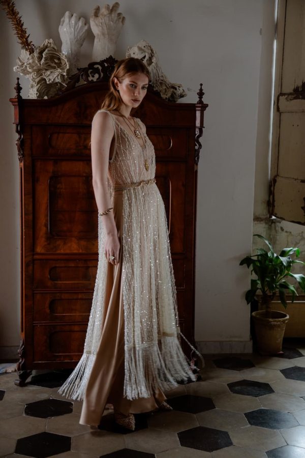 Nidodileda Sleeveless Whisper Maxi Dress with Pearls and Fringes Whisper