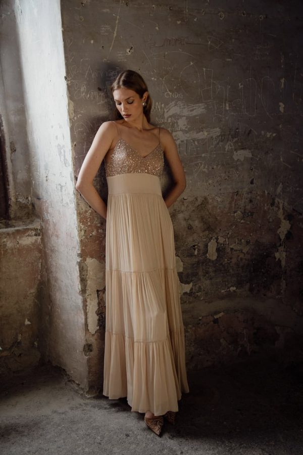Nidodileda Margot Maxi Dress with Pearls and Sequins Beige Chiffon