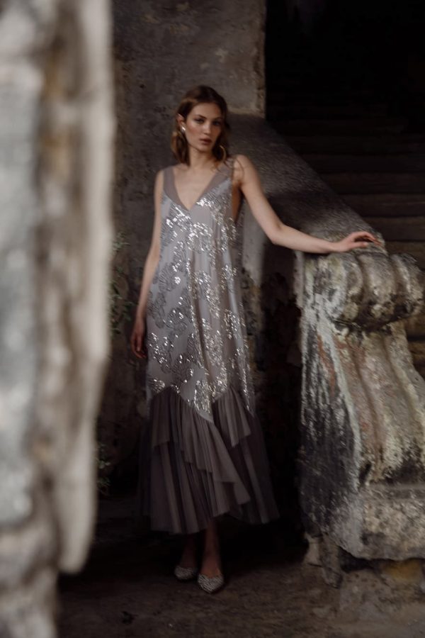 Nidodileda Sequined Tulle Marvel Maxi Dress Gray Silver