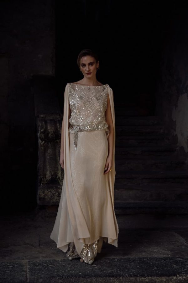 Nidodileda Chiffon Blanche Maxi Dress with Pearl Beige Silver