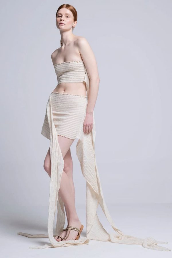 Christian Zen Chiara two Piece Lurex Wrap Dress with Flower Off White