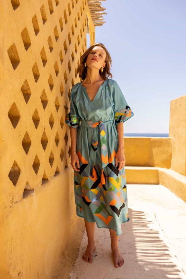 Nema Alma Dress with Turquoise Embroidery Tirquaz