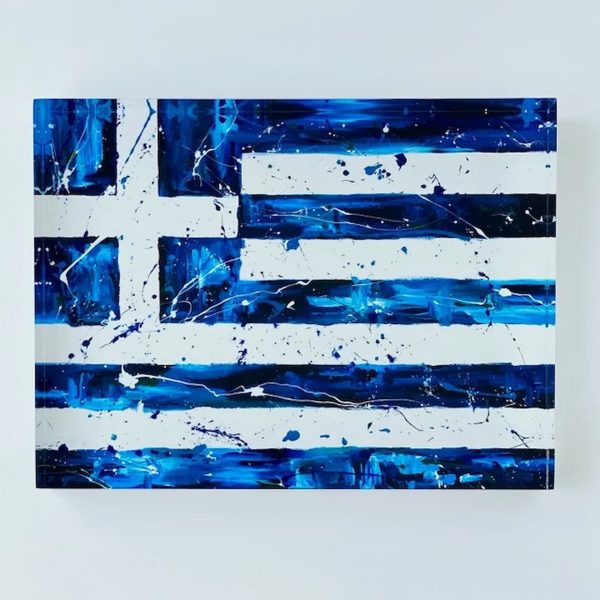 Carolina Rovithi Splashing Greek Flag on Plexiglass