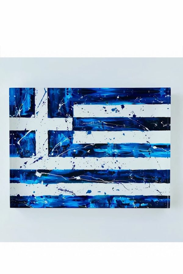 Carolina Rovithi Splashing Greek Flag on Plexiglass