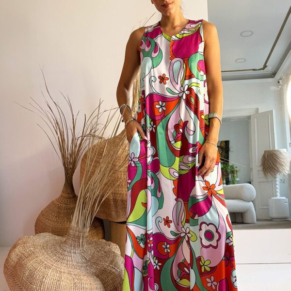 Nema Sleeveless Satin Kaftan Green Pink