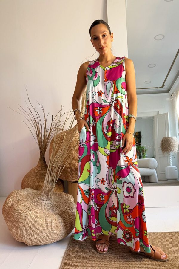 Nema Sleeveless Satin Kaftan Green Pink