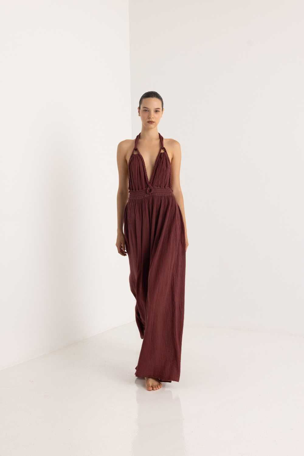 Christian Zen Chantal Maxi Multi Wear Dress with Open Back and Braids Wine