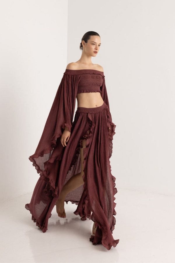 Christian Zen Haris Maxi Skirt Lurex with Ruffles and Openings Wine