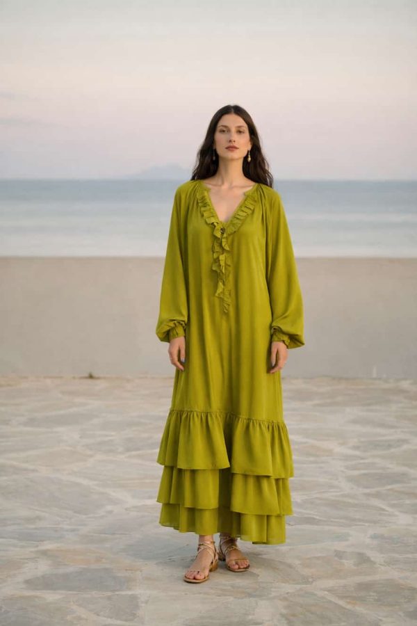 Devotion Long Dress with Ruffles Opal Olive