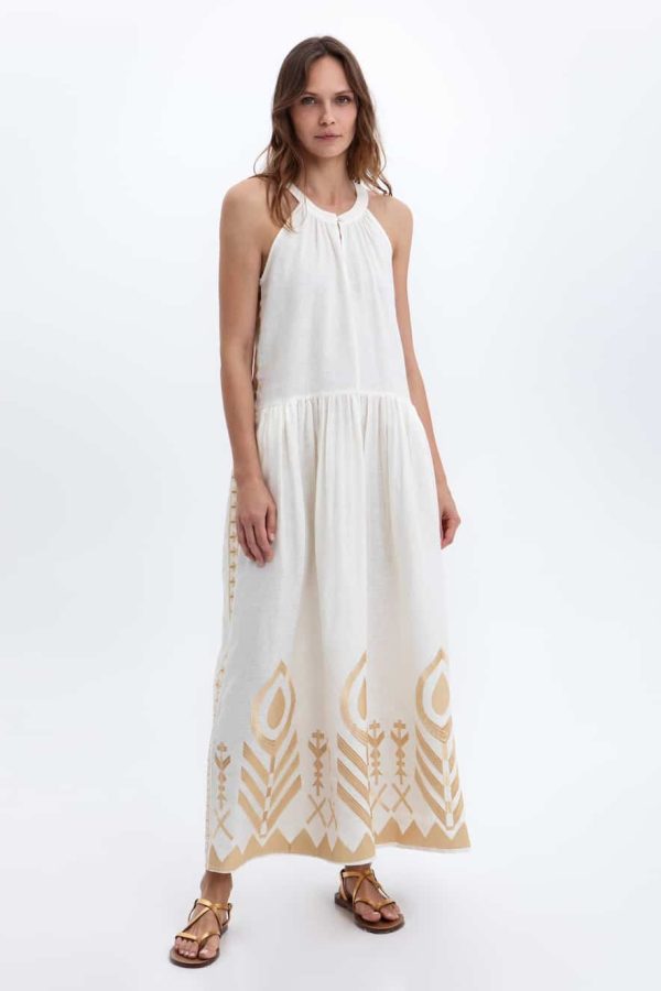 Greek Archaic Kori Maxi Dress Feather Halter Natural Gold