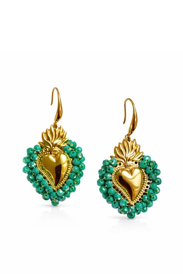 Ifigenia Loukou Heart Earrings with Beads Green