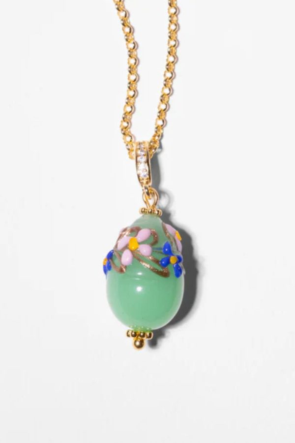 Katerina Psoma Mini Green with Flowers Murano Egg Pendant