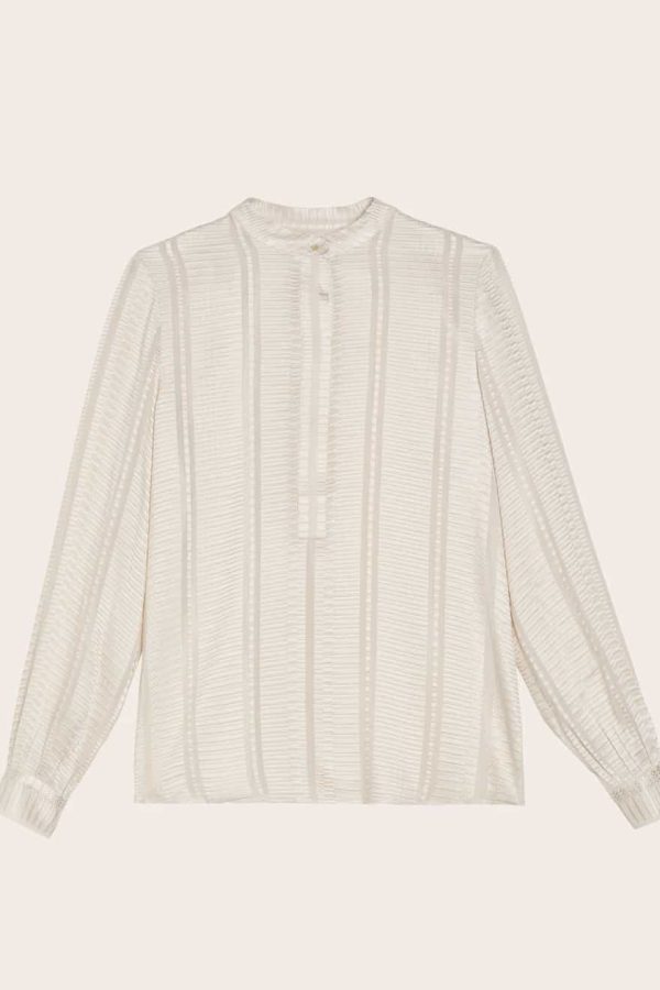 ZEUS+DION Long Sleeve Textured Silk Blouse Ecru