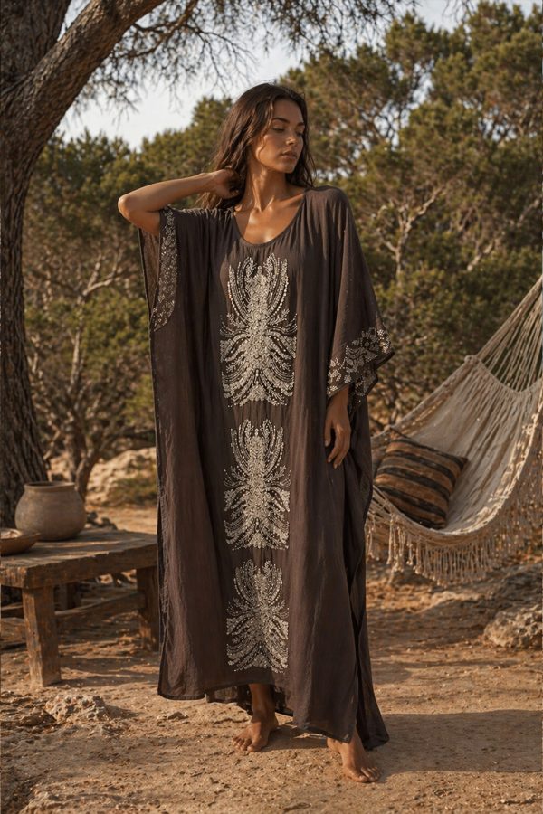 Christian Zen Ariadne Maxi Caftan W Sequins Stone Gray
