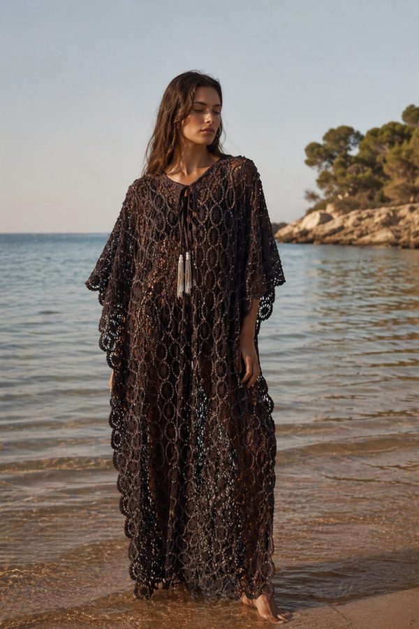 Christian Zen Palma Maxi Caftan Maxi Lace Caftan W Sequins Stone Gray