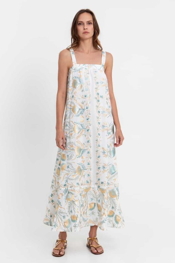 Greek Archaic Kori Dress Long Blossom White/Multi Green