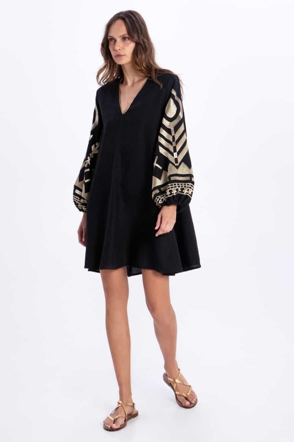 Greek Archaic Kori Dress Short Feather Black/Gold