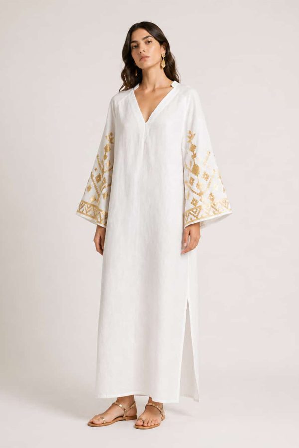Greek Archaic Kori Ios Long Dress with Bell Sleeve Natural/Gold