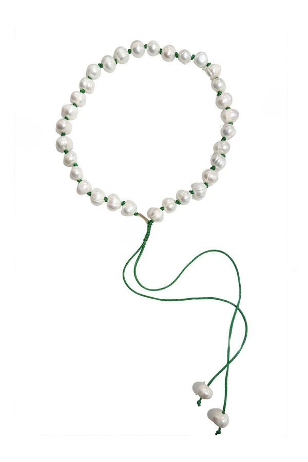 Ifigenia Loukou Pearl Necklace with Knots and Green Cord