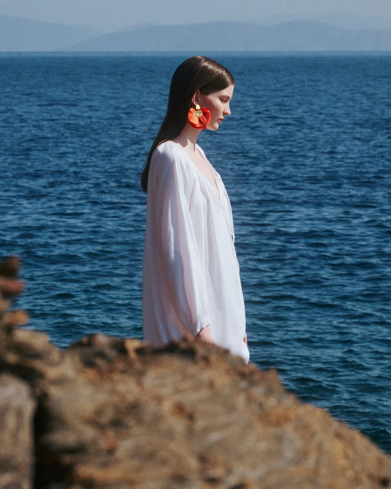 Katerina Makriyianni Silk Fan Earrings Orange - Image 2