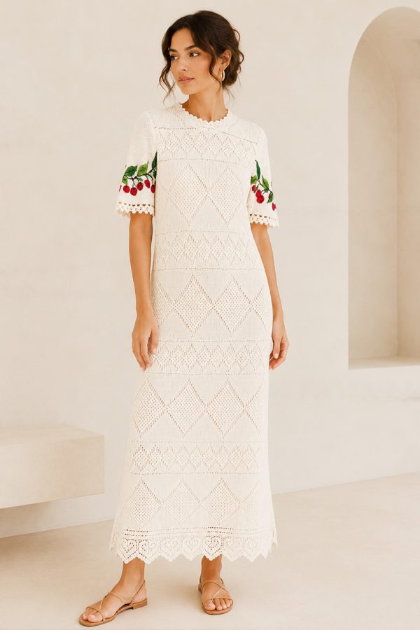 Celia Dragouni Long Dress Crochet With Colorful Short Sleeves Hand Knitted