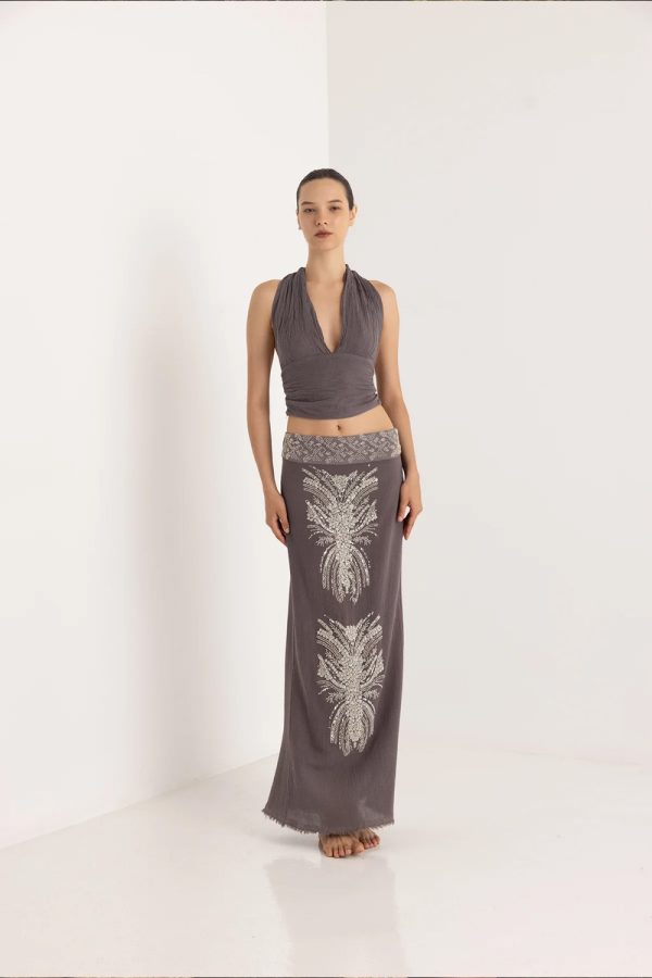 Christian Zen Flora Maxi Skirt Stone Gray