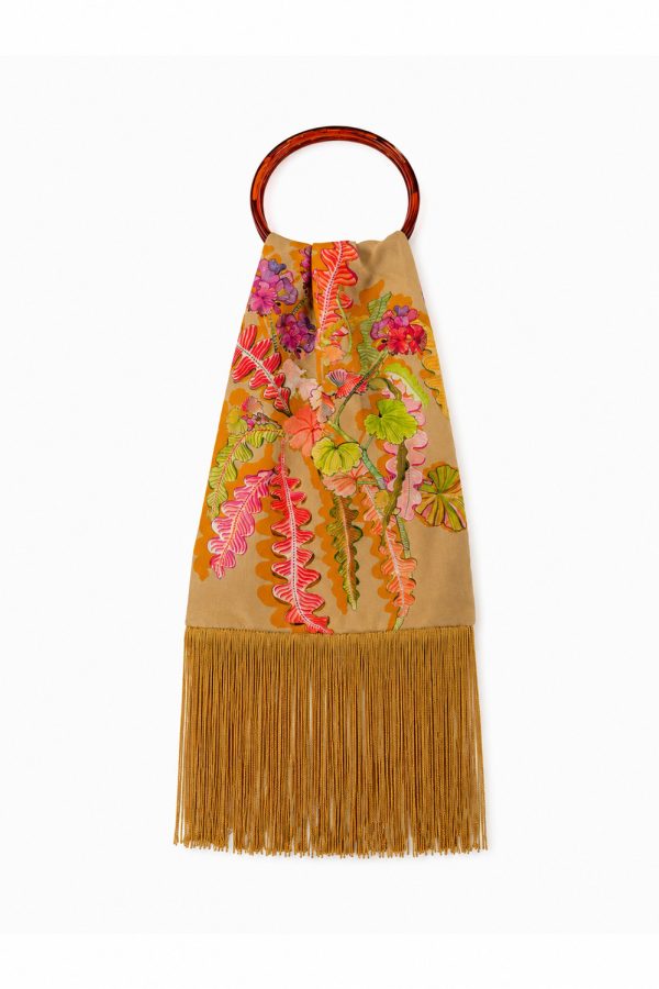 Eleni Malami Small Silk Fringe Bag Green Beige