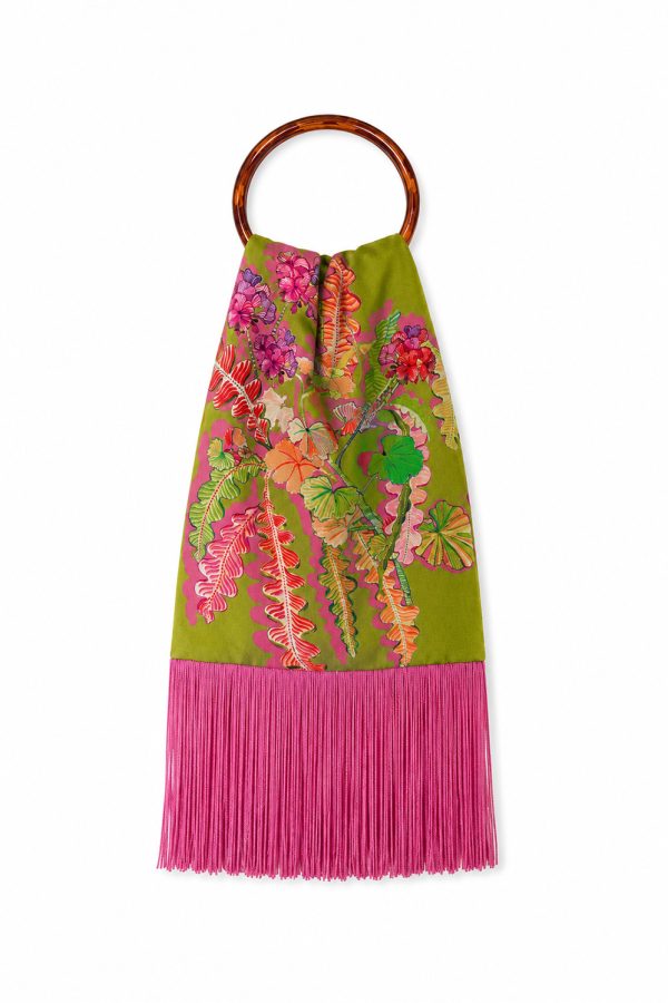 Eleni Malami Small Silk Fringe Bag Olive Fucshia