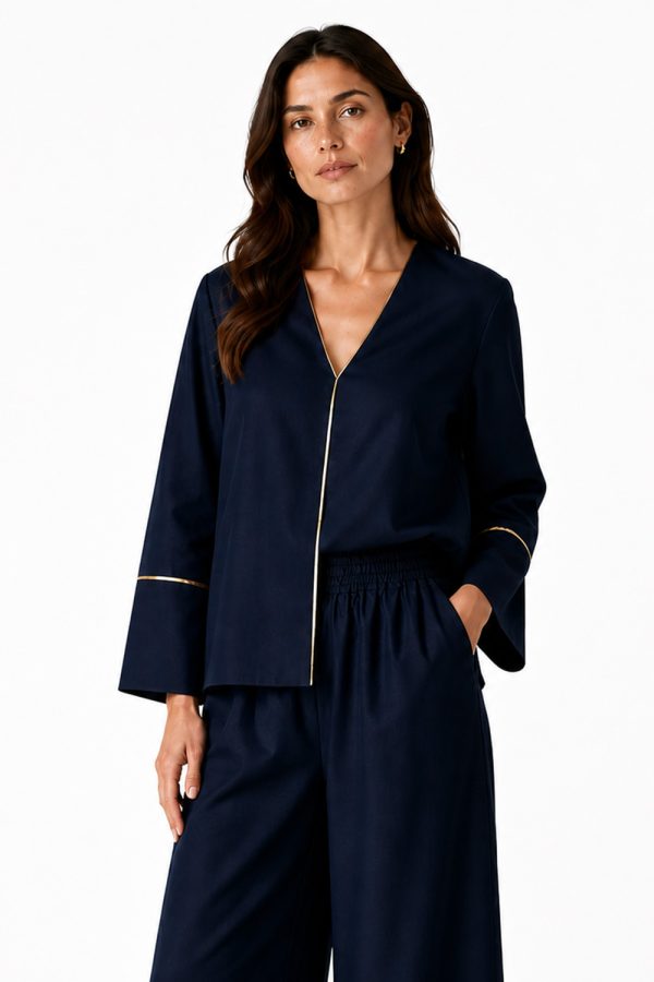 Greek Archaic Kori Blouse Wicker V Neck Navy/Gold