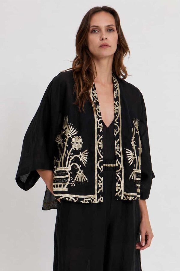 Greek Archaic Kori Crete Short Kimono with Embroidery Black/Gold