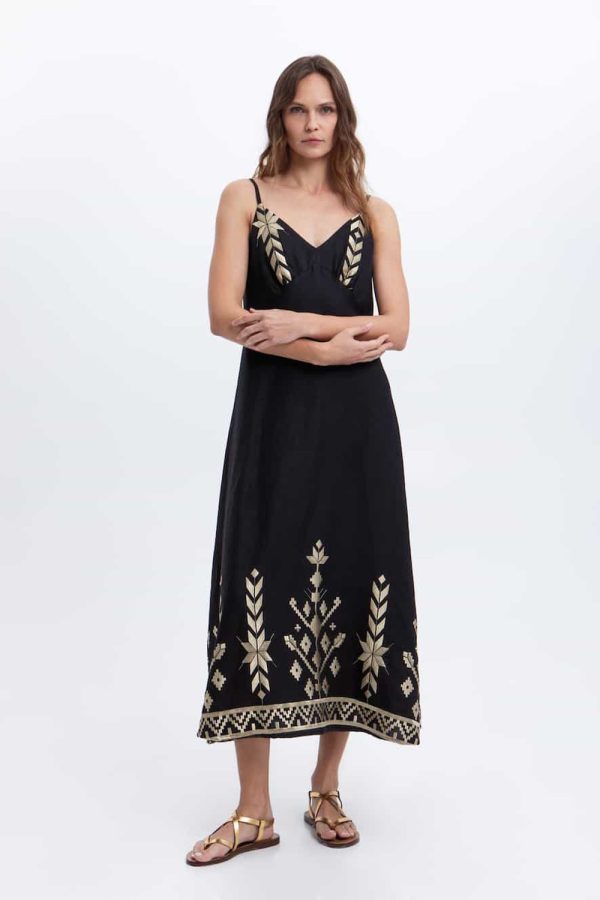 Greek Archaic Kori Dress Long Ios Black/Gold