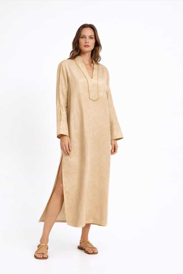 Greek Archaic Kori Dress Long V Neckline Wicker Beige/Gold