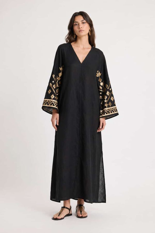 Greek Archaic Kori Ios Long Dress with Bell Sleeves Black/Gold