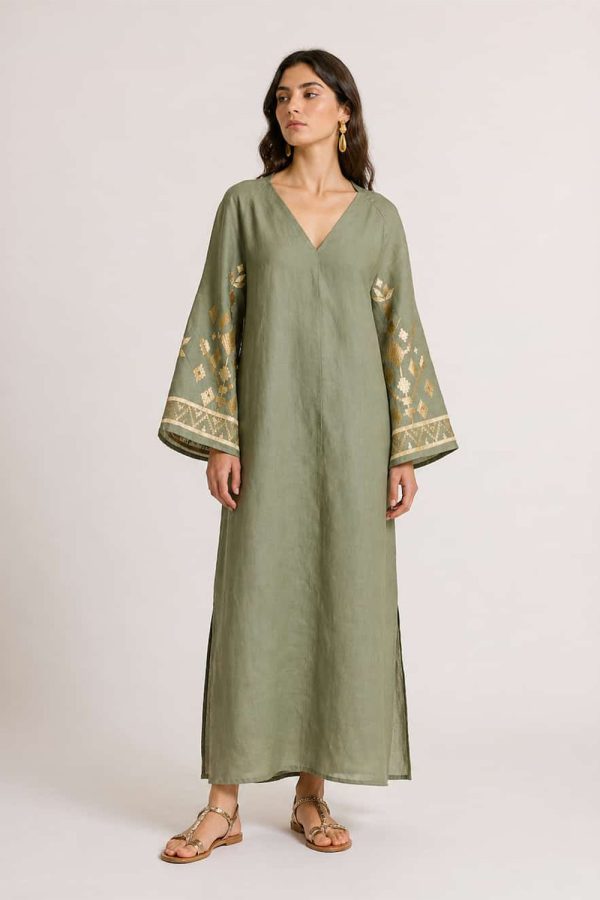 Greek Archaic Kori Ios Long Dress with Bell Sleeves Sage/Gold