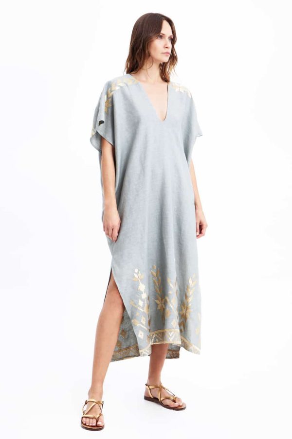 Greek Archaic Kori Kaftan Ios Light Grey/Gold