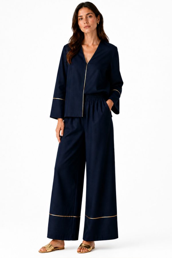 Greek Archaic Kori Linen Cropped Pants with Elastic Waist Navy/Gold
