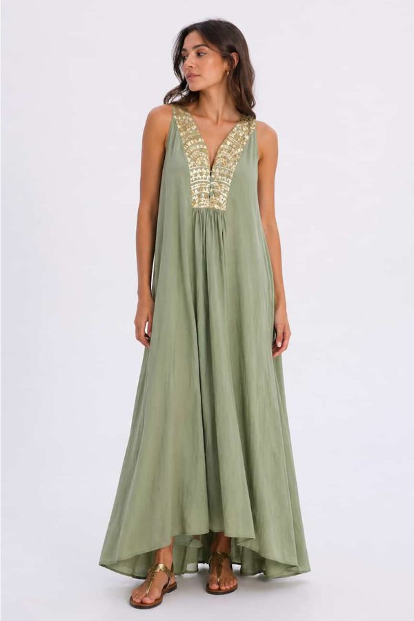 Greek Archaic Kori New Triangle Midi Dress with Embroidery Sage/Gold