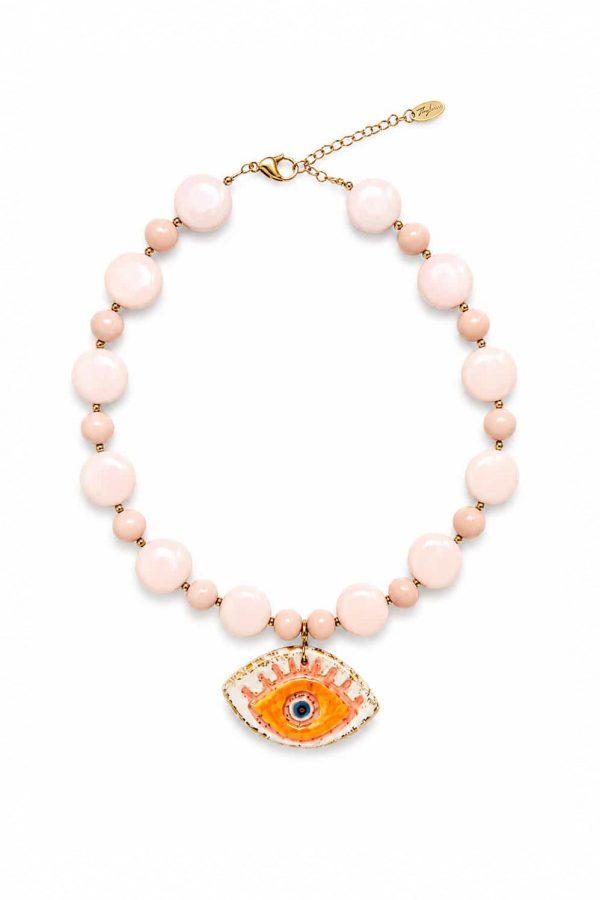 Ifigenia Loukou Necklace with Ceramic Eye and Pink Chaolite Stones