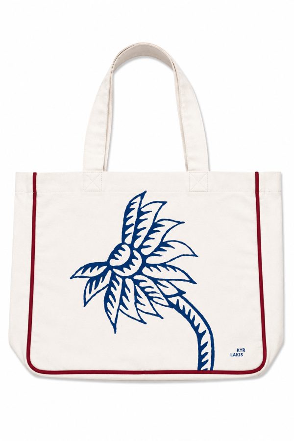 Kyr Lakis Beach Bag With Blue Palm Tree And Red Piping