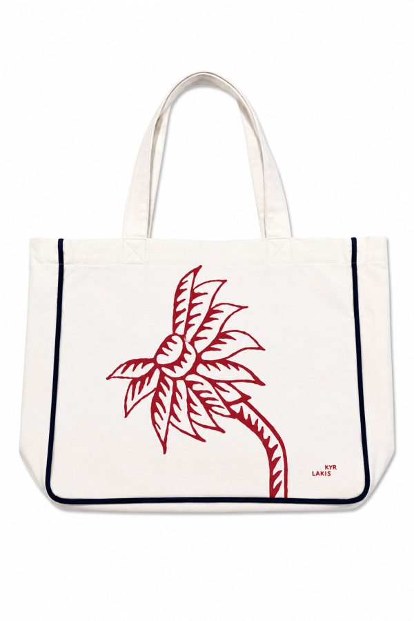 Kyr Lakis Beach Bag With Red Palm Tree And Blue Piping
