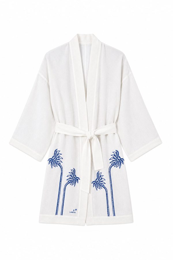 Kyr Lakis Kimono White with Blue Palm Tree