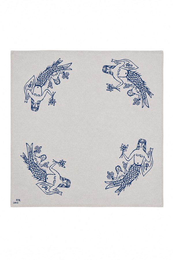 Kyr Lakis Linen Scarf 90x90 With Blue Mermaid