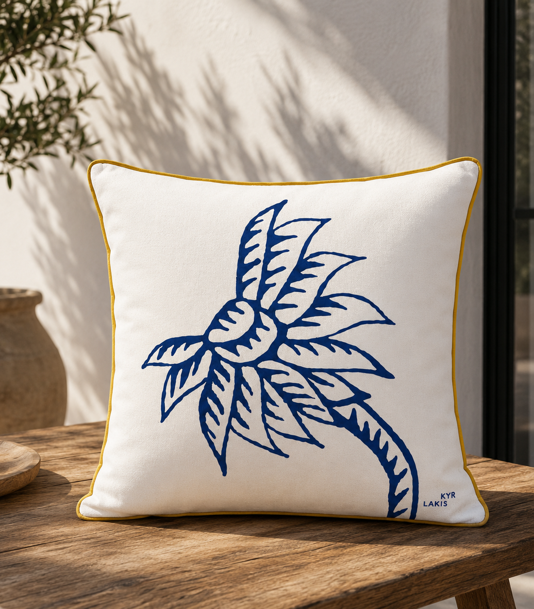 Kyr Lakis Pillow 40x40 With Blue Palm Tree And Yellow Piping - Image 2