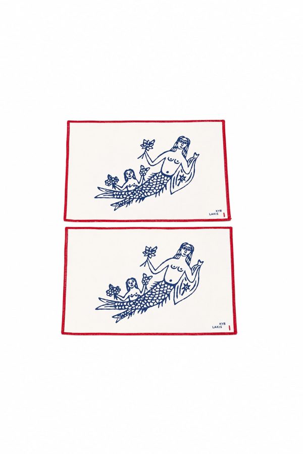 kyr Lakis Placemate Set of 2 Blue Mermaid Red Piping